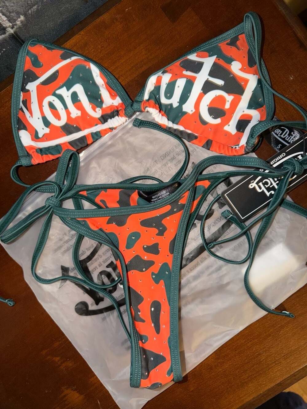 Von Dutch Camo Triangle Bikini Top and Bottom Set - Orange Camo - S